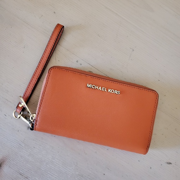 Micheal Kors Continental Zip Around Wallet Organizer Wristlet Burnt Orange - Picture 1 of 9